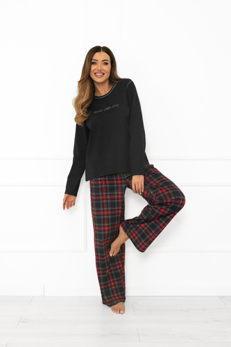 Talianska móda dámske pyžamo tmavá melanžová bavlna, dlhý rukáv a nohavice, kockované