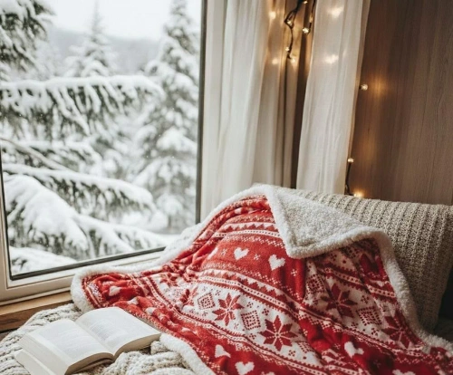 Vianočná deka SACO červená - mäkká a teplá s nórskym vzorom snehových vločiek v ozdobnom vrecku