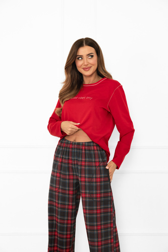 Dámske pyžamo Italian Fashion v červenej farbe - bavlna, dlhý rukáv a nohavice, károvaná