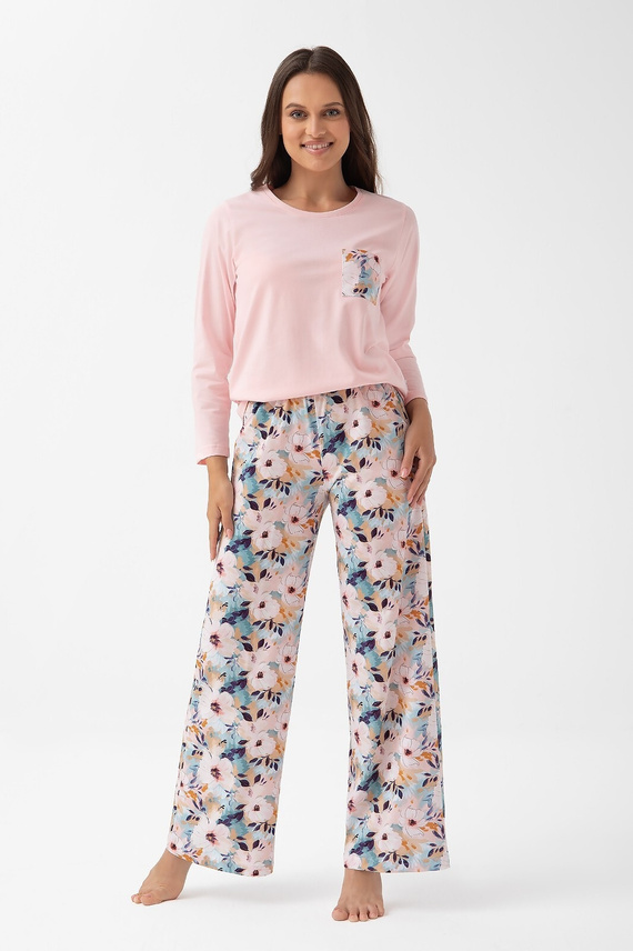 348 Dámske pyžamo Luna pink - bavlna, dlhý rukáv, kvetinový vzor, pohodlie a štýl