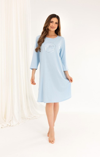 Bavlnená nočná košeľa 167 modrá - 3/4 rukáv, potlač, rozšírená, pod kolená