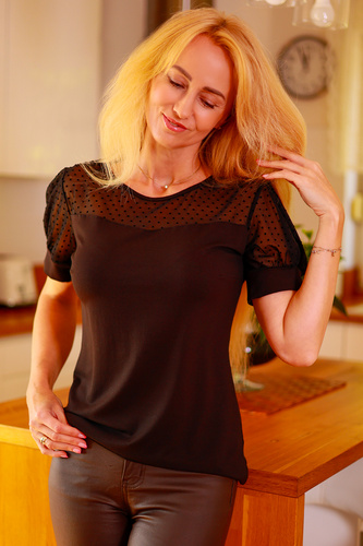 Dámska blúzka Ava Mirale - viskóza, hráškový tyl, pufované rukávy - čierna