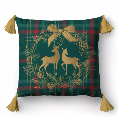 5380 Vianočná dekoračná obliečka na vankúš Detexpol soby vo venci na károvanom pozadí - zips