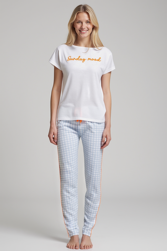 Dana Dámske pyžamo Sorbetto modré - 100% bavlna, krátky rukáv, károvaná nohavica, komplet
