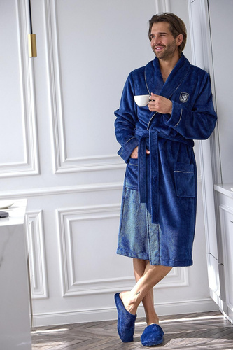 L&L 2661 Elegant pánsky župan klasický s šálovým golierom, mäkký, navy