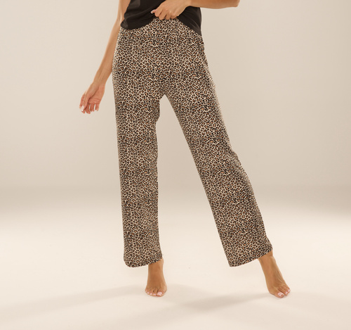 852 Kendall De Lafense - dámske pyžamové nohavice, dlhé, leopardí vzor, viskóza, poľská výroba - hnedá