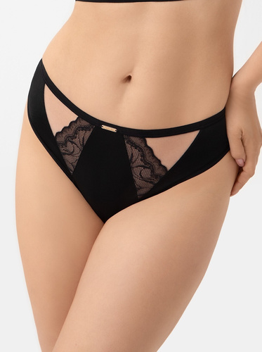 Nohavičky Brasil B 001 Lexi Gorsenia black - dámske nohavičky s čipkovanou vsadkou, stredne vysoké, elastický tyl a mikrovlákno, ozdobné detaily v ružovom zlate