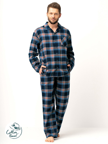 Pánske pyžamo Key MNS 431 navy blue - bavlnený flanel, dlhý rukáv, zapínanie na gombíky