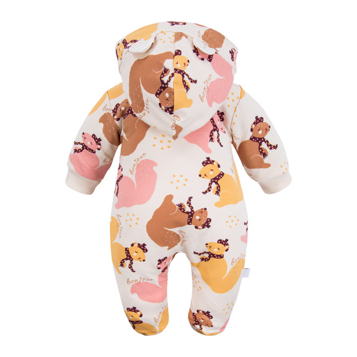 Detská tepláková súprava Fluffy Tails Eevi - ecru, s nožičkami a kapucňou, jesenná potlač