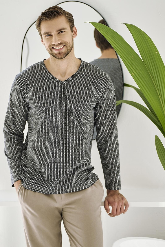 Pánske pyžamo Luca 3481 - bavlna, grafitová farba, dlhý rukáv