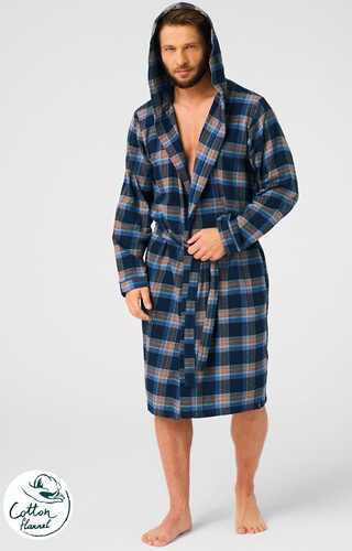 MGL 431 Pánsky župan Key jeans - kockovaný, mäkký, šálový golier