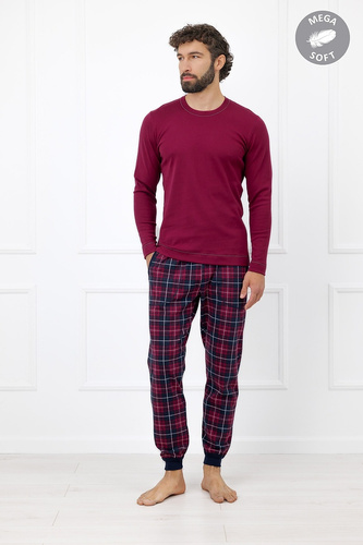 Italian Fashion Brajan pánske pyžamo Mega Soft dlhé nohavice kockované - bordové