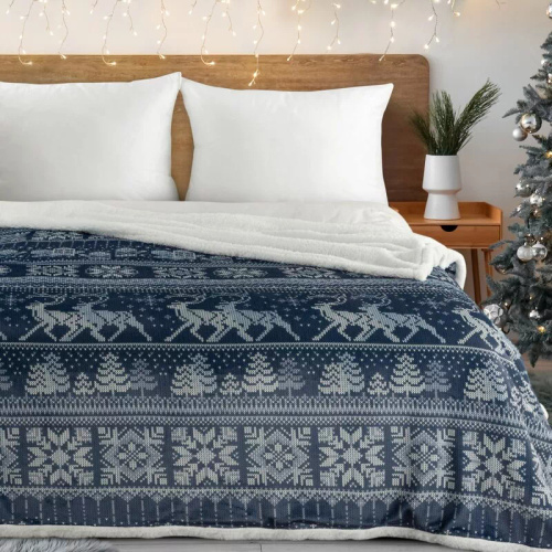 Eurofirany Vianočná prikrývka biela tmavomodrá - mäkký prehoz z mikrovlákna, 240 g/m²