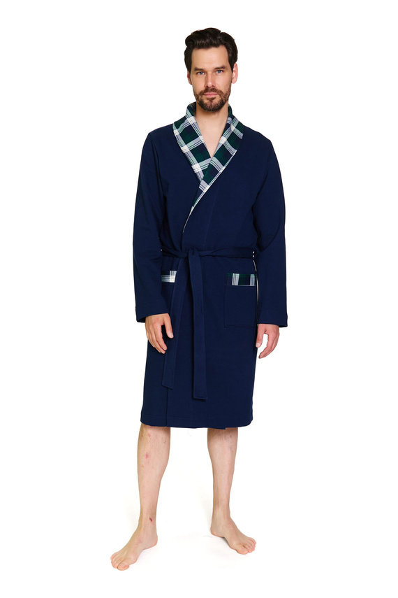 7366 Doctor Nap | Pánsky prémiový tmavomodrý župan s károvaným lemovaním - 100% bavlna - tmavomodrý