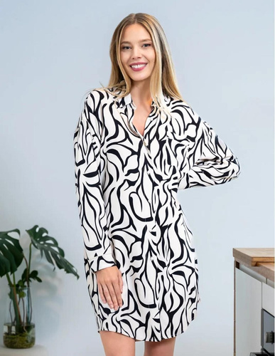 PDK4800-003 Moraj krémová nočná košeľa - viskóza, dlhý rukáv, zapínanie na gombíky