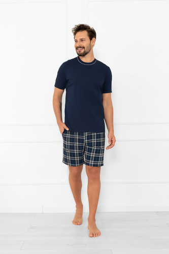 Pánske pyžamo Andreas - bavlnené, s krátkym rukávom a károvanými šortkami Italian Fashion - námornícka modrá/potlač