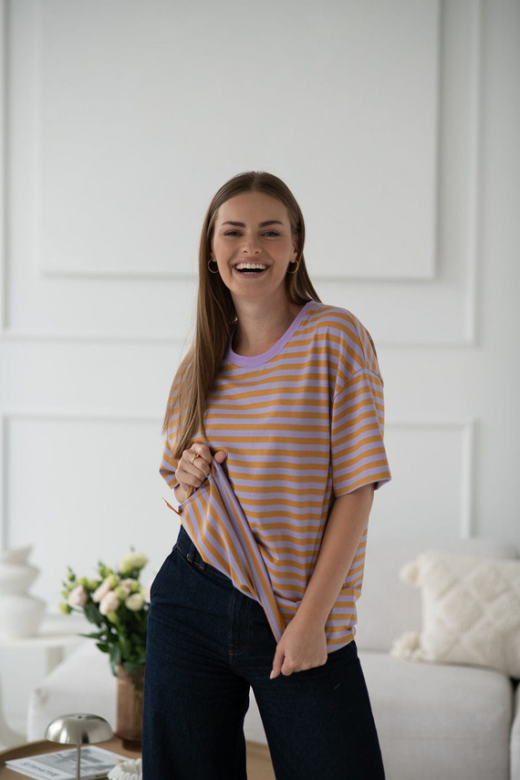 Mamahood Tričko pre tehotenstvo a dojčenie Milk&Love medové a lila pruhy - pohodlné a štýlové