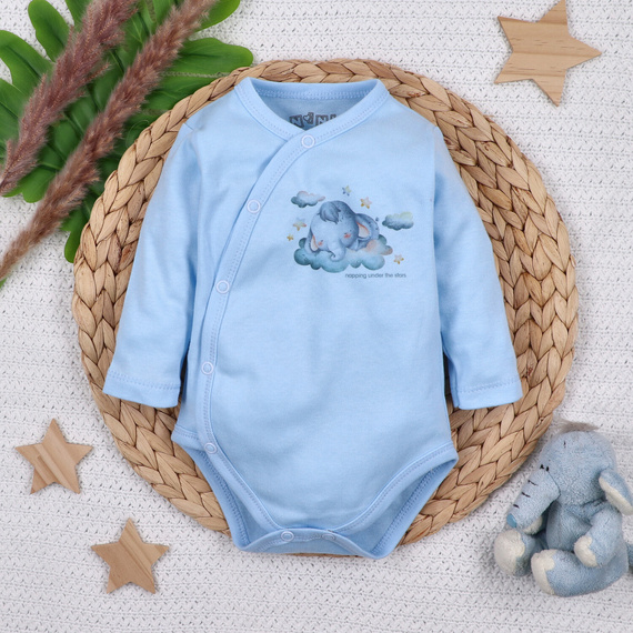 ABN-5603 Nini Little Dreamers obálkové body z organickej bavlny pre dojčatá modré - bezniklové zapínanie, 100% bezpečnosť
