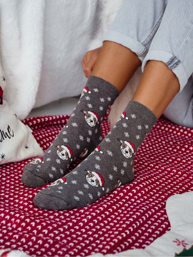 1283-039 Ponožky Milena - slávnostné dámske ponožky s buldogmi a snehovými vločkami, tmavý melír