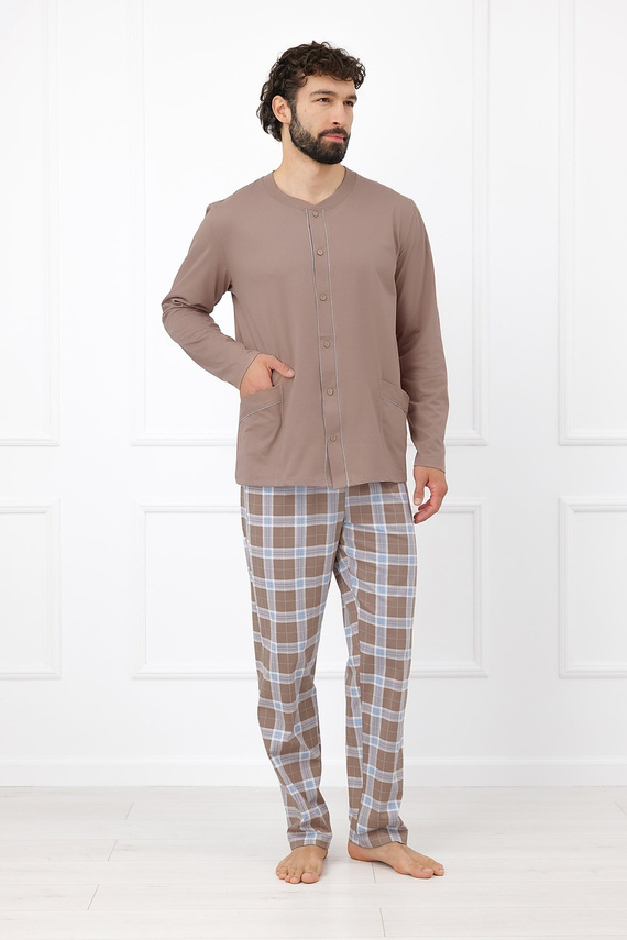 Italian Fashion Wilhelm pánska pyžama 100 % bavlna, gombíky, károvaná - cappuccino