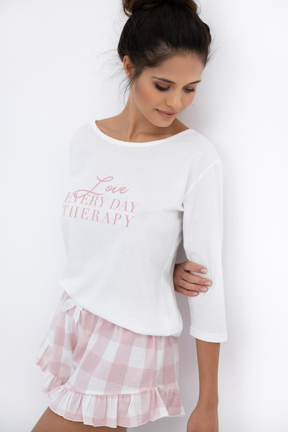 Emily Sensis - Dámske bavlnené pyžamo | 3/4 tričko a kárované šortky s volánmi