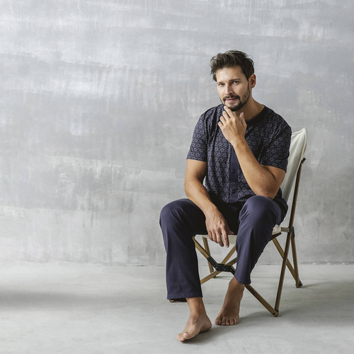 Ricardo Pánske pyžamo s krátkym rukávom, dlhé nohavice Talianska móda - tmavomodrá