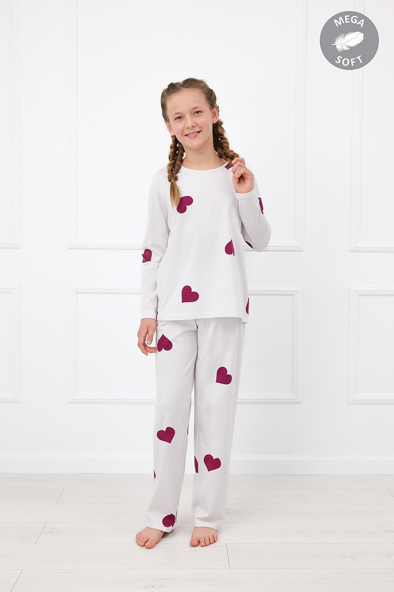 Italian Fashion Kioga dievčenské pyžamo Mega Soft dlhé ecru srdiečka
