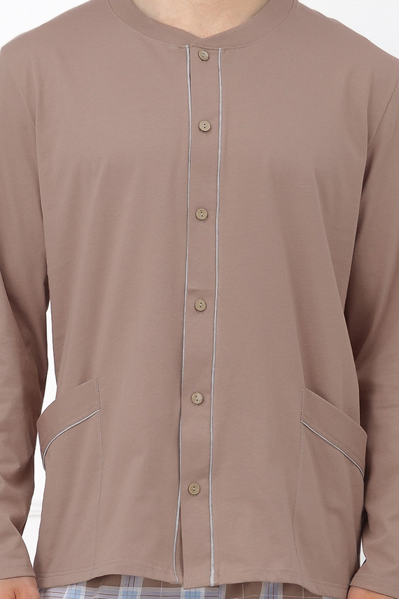 Italian Fashion Wilhelm pánska pyžama 100 % bavlna, gombíky, károvaná - cappuccino