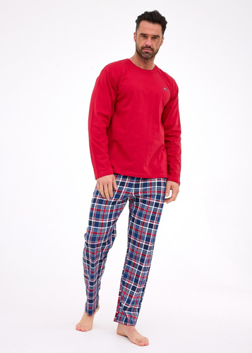 124/312 Ready 3 Cornette bordová - pánske bavlnené pyžamo, dlhý rukáv, károvaná nohavica