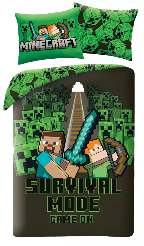 Bavlnené obliečky Halantex Minecraft 140x200 zeleno-čierne s obliečkou na vankúš 70x90
