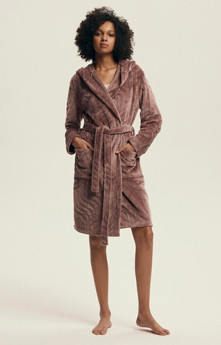 43602 Devyn Dámsky župan s kapucňou Henderson mahagón - krátky, teplý, velúr