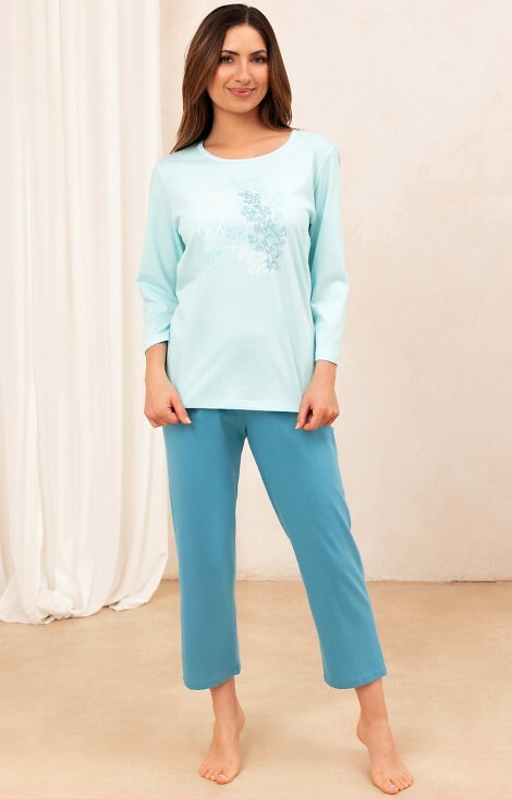 706 Dámske bavlnené tyrkysové pyžamo - 3/4 rukávy, 7/8 nohavice, ozdobná potlač
