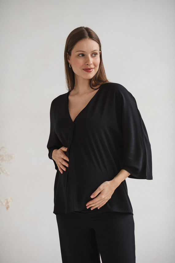 Mamafullness Tehotenská blúzka na dojčenie Milk&Love čierna- viskóza, 3/4 rukáv, oversize