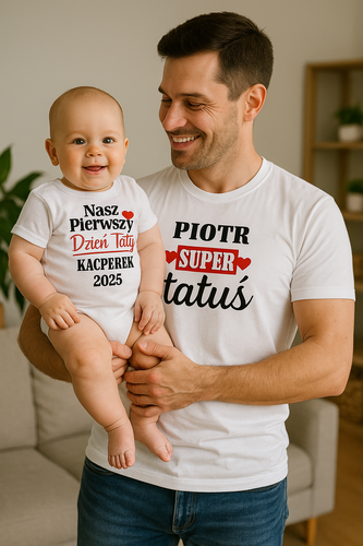 SKU N052TS-1 Súprava "Náš PRVÝ Deň otcov + Super otec s menom" - Moocha pánske body + tričko, personalizované, bavlnené, ideálny darček na Deň otcov.