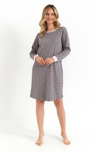 493 Dámska nočná košeľa Cana graphite - interlocková bavlna, srdiečka, dlhý rukáv