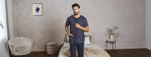 Ricardo Pánske pyžamo s krátkym rukávom, dlhé nohavice Talianska móda - tmavomodrá