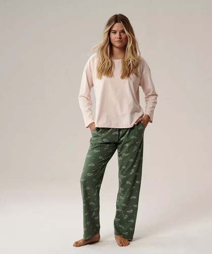 Dámske pyžamo NLP-501 Atlantic pink-green - 100% bavlna s broskyňovým efektom, dlhý rukáv, nohavice s vreckami | Warmth & Comfort Premium