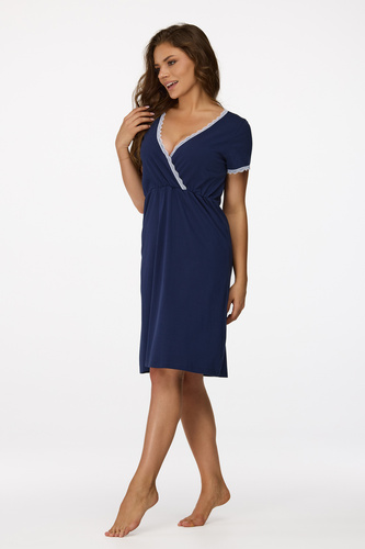 nie. 36 Tehotenská nočná košeľa Senizo navy blue - 100% bavlna, čipka, krátky rukáv, na dojčenie