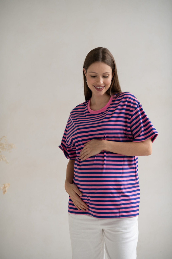 Mamahood Milk&Love ružovo-modré pruhované tričko pre tehotné a dojčiace ženy - pohodlné a štýlové