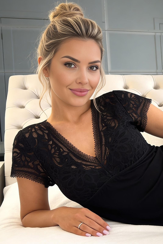 Nočná košeľa Elena Donna viskóza čipka elegantná mäkká V-výstrih čierna