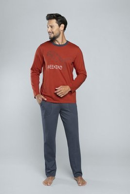 Lion Pánske pyžamo s dlhým rukávom, nohavice Italian Fashion - červená/grafitová