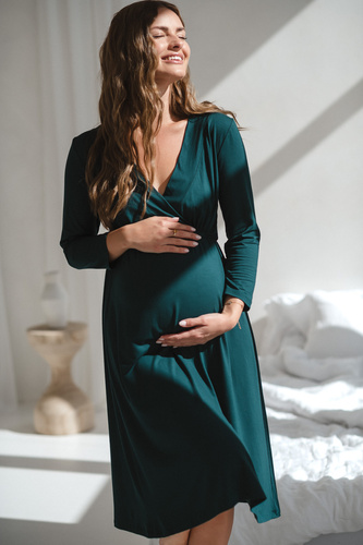 Hviezdna ľahká tehotenská a dojčiaca bambusová nočná košeľa 7/8 Milk&Love fľaša zelená - priedušná, pre nemocnice, pohodlné dojčenie