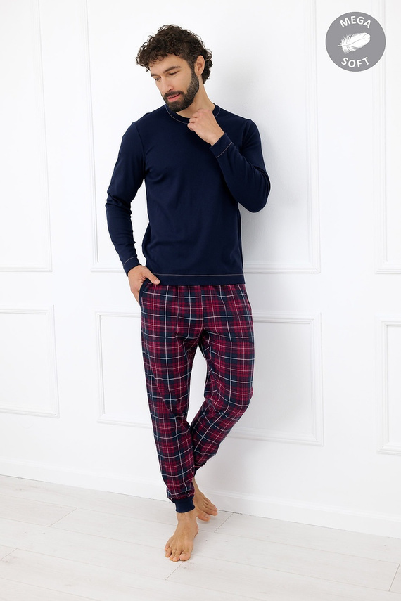 Italian Fashion Brajan pánske pyžamo Mega Soft dlhé nohavice káro tmavomodrá