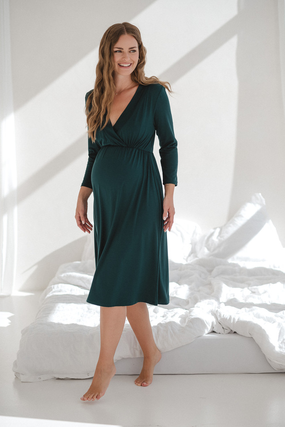 Hviezdna ľahká tehotenská a dojčiaca bambusová nočná košeľa 7/8 Milk&Love fľaša zelená - priedušná, pre nemocnice, pohodlné dojčenie