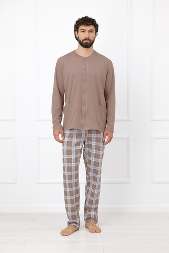 Italian Fashion Wilhelm pánska pyžama 100 % bavlna, gombíky, károvaná - cappuccino