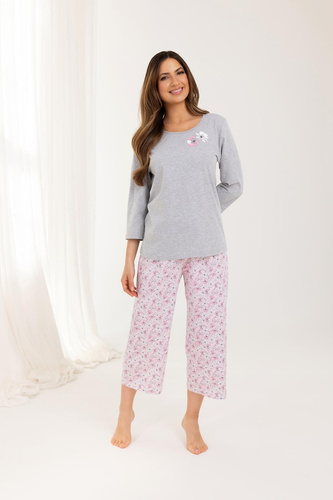 711 Dámske pyžamo Regina sivá - bavlna, 3/4 rukáv, sieťovina, každodenný komfort