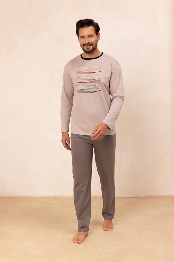 Regina 492 béžová - pánske bavlnené pyžamo s dlhým rukávom, klasický strih