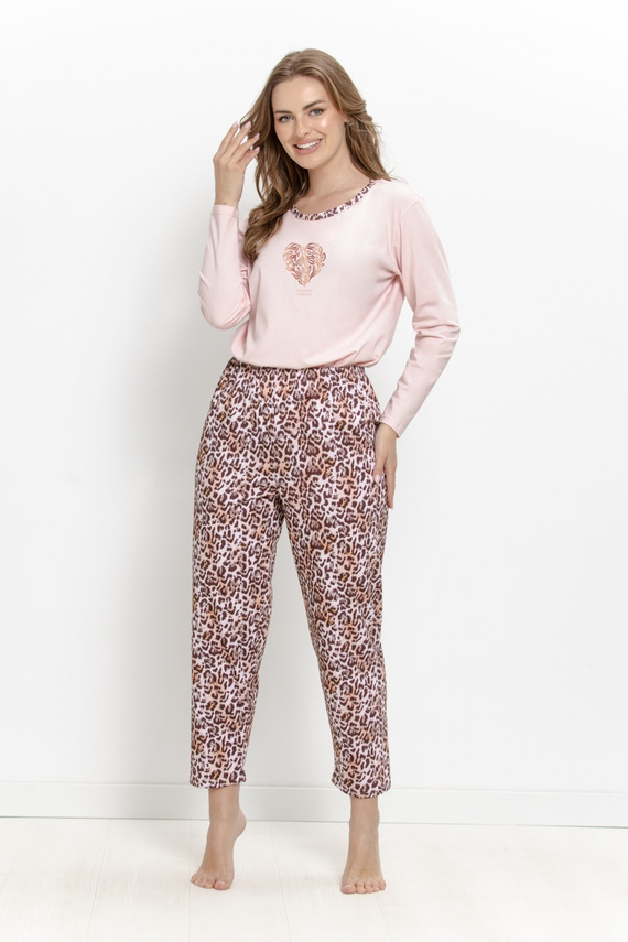 Dámska pyžama Taro Pinki 3622 100% bavlna, dlhá, pudrovo ružová s leopardím vzorom