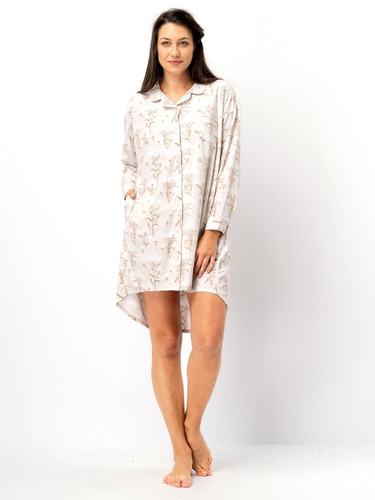 Nočná košeľa LND 567 Key beige - dlhý rukáv, zapínanie na gombíky, polyester