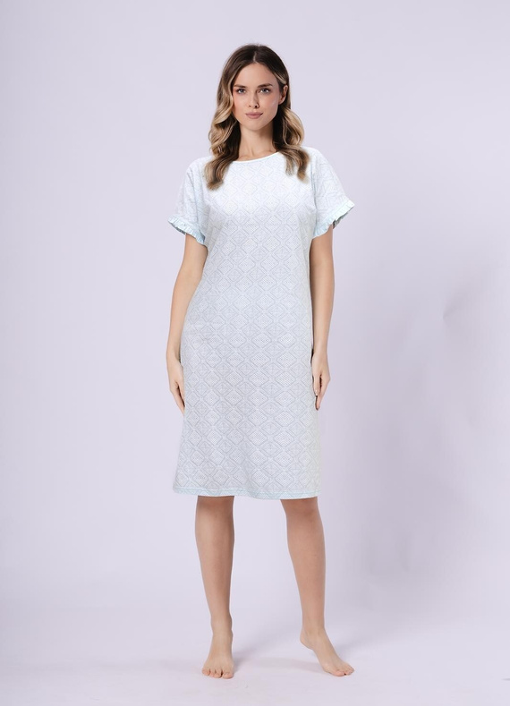 Dámska nočná košeľa 1730 Clea Leveza mint | 100% bavlna | orientálna potlač, krátky rukáv s volánom, dĺžka pred kolená Zloženie: zloženie: 100 % bavlna